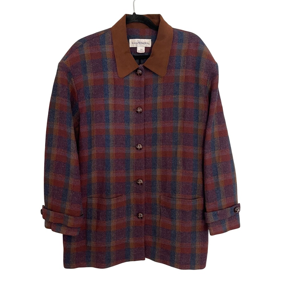 Norton McNaughton Vintage 100% Wool Plaid Jacket Burgundy Blue Made in USA 14